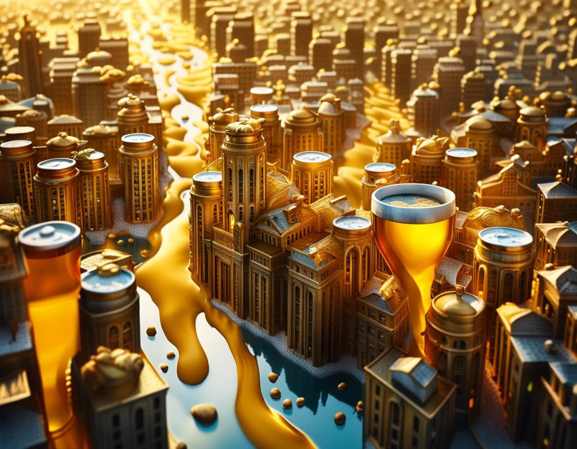 Surreal Beer Cityscape Inspired by Dali and Magritte