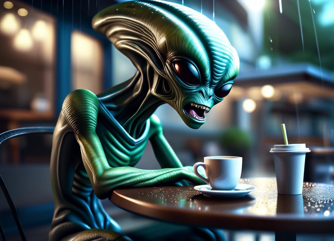 alien at a cafe