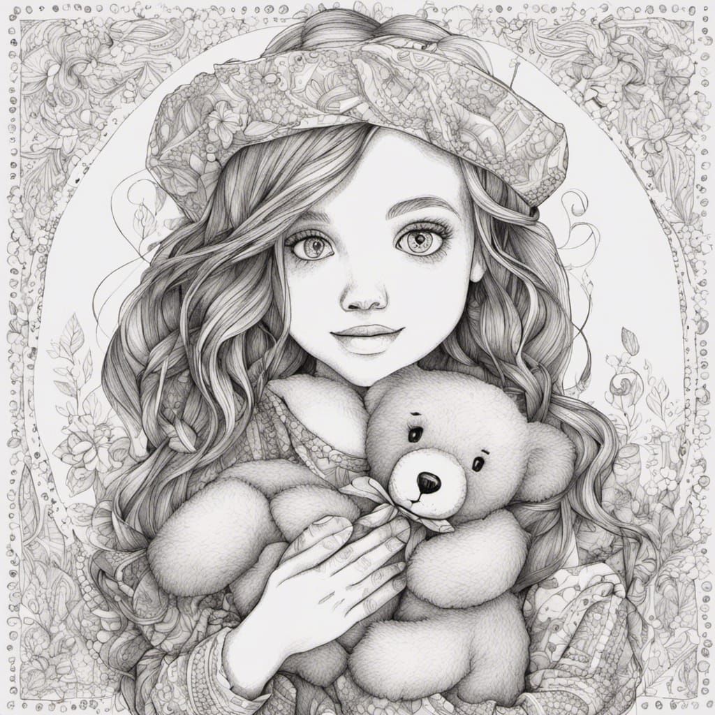 Girl with Teddy Bear in Zentangle Style