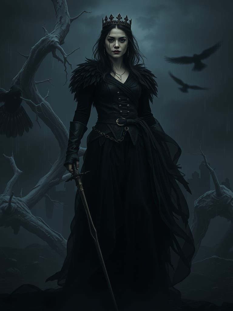 Raven Queen in Nordic Graveyard: Hyperrealistic Splash Art