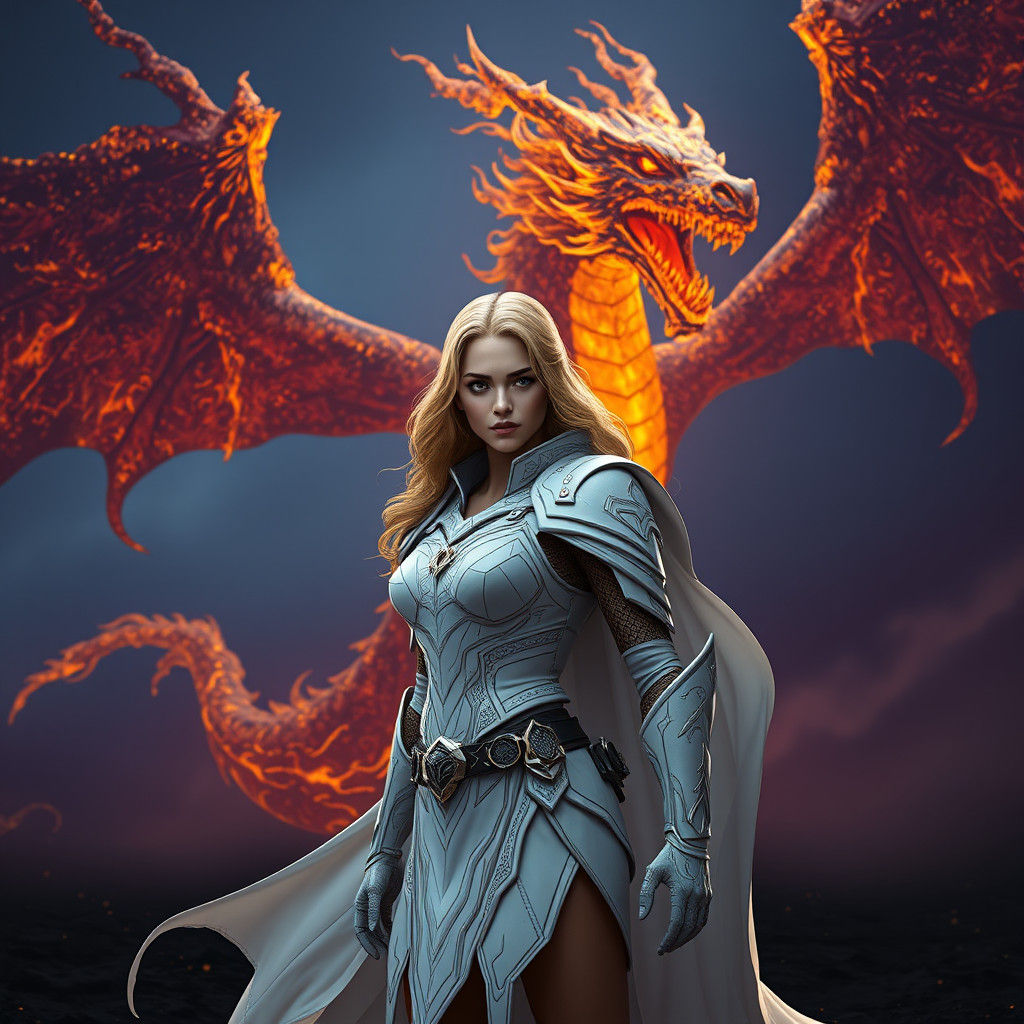 Golden-Eyed Warrior with Dragon in Art Nouveau Style