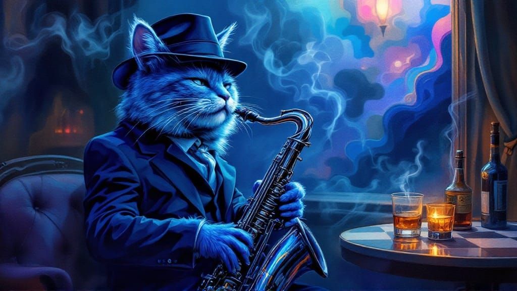 Sax-Playing Blue Cat in Smoky Jazz Club