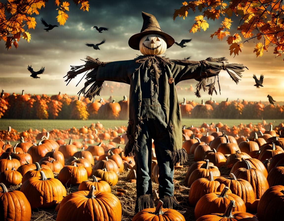 Autumn Scarecrow in Pumpkin Field with Crows