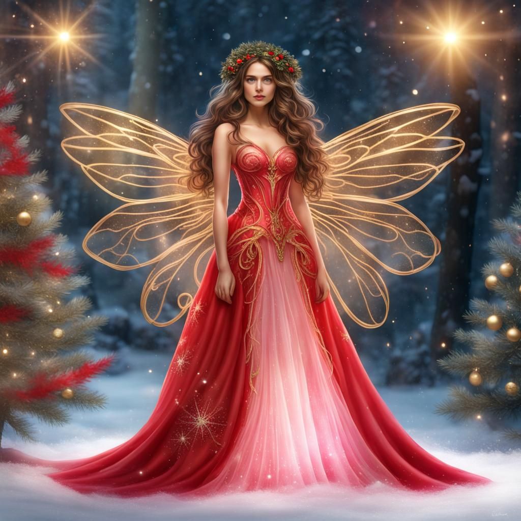Realistic Fairy with Red Gown and Christmas Tree