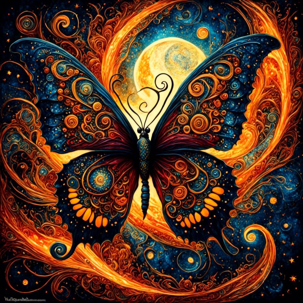Zentangle Butterfly with Fire Swirls in Van Gogh Style