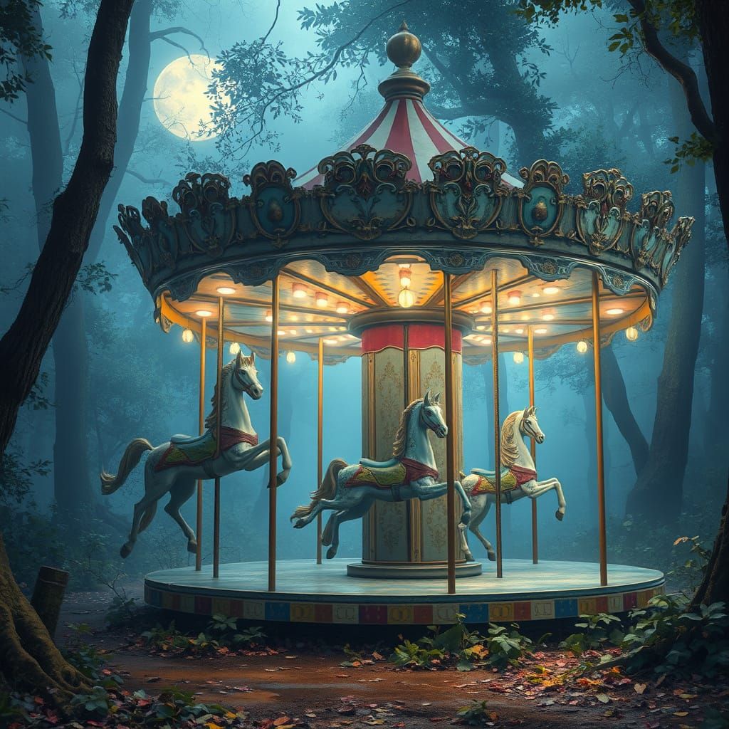 Abandoned Vintage Carousel in Misty Forest Moonlight