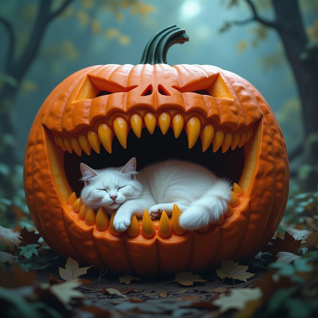 Giant Fang Pumpkin With Cat Inside, Epic Matte Painting