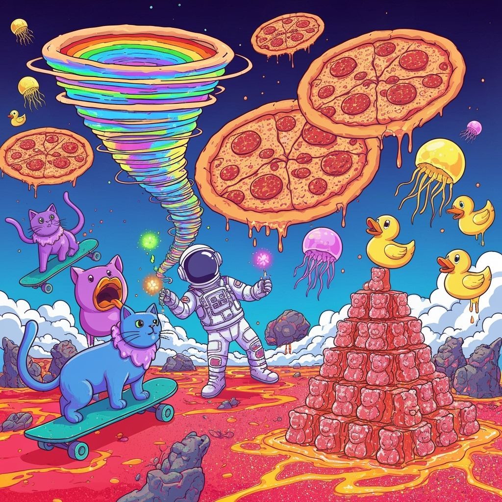 Neon Cats Ride Rainbow Tornado in Cartoon Vector Art