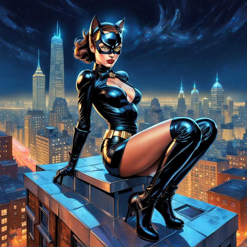 Cat-Woman Pin-Up in Neo-Impressionist Cityscape