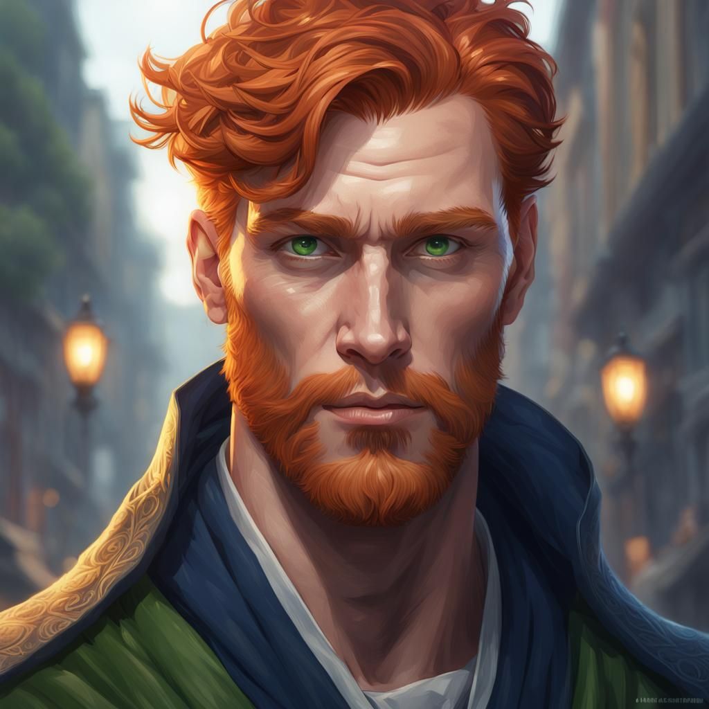 Ginger Haired Man in Blue Poncho: Detailed Portrait