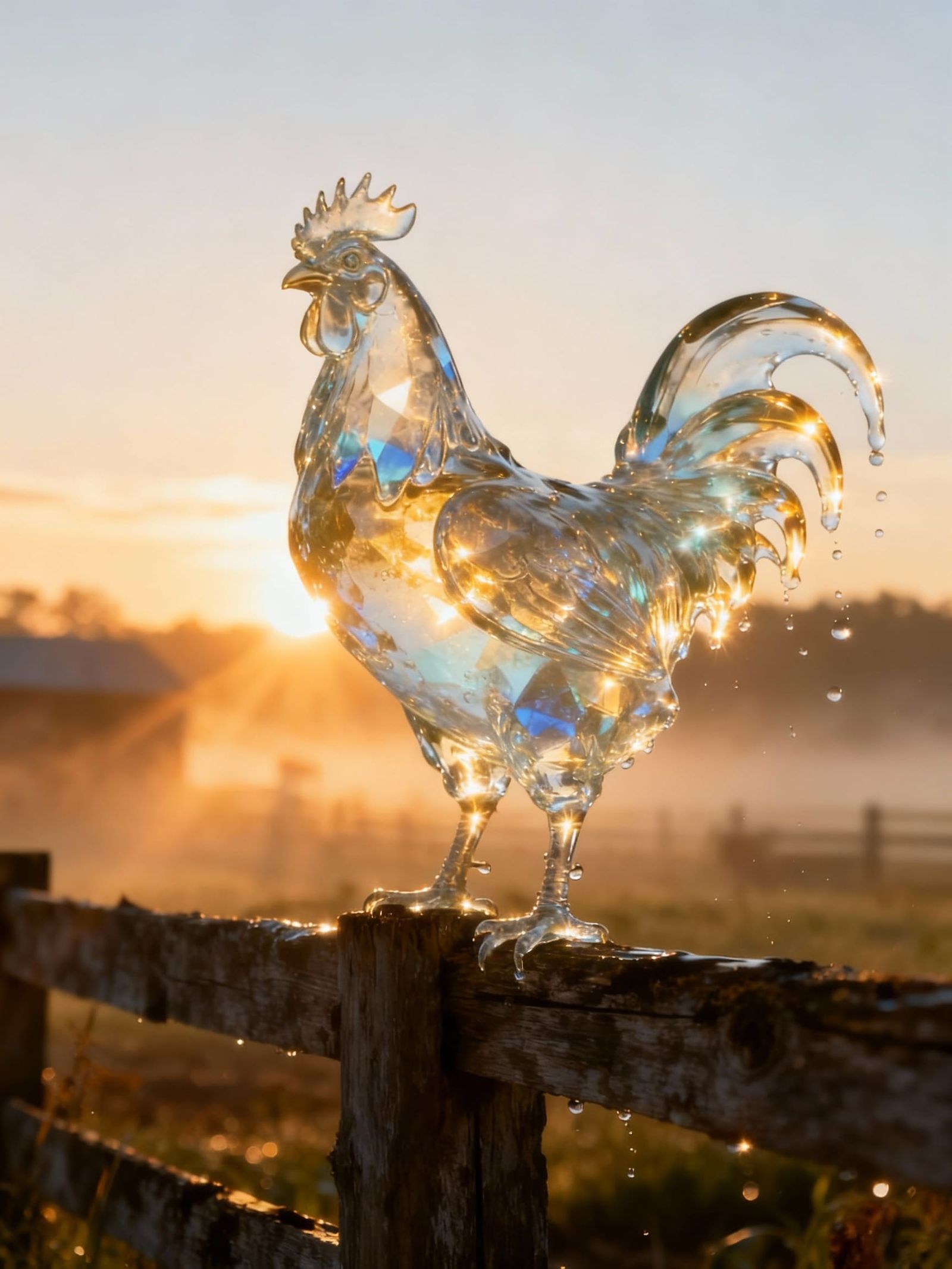 Majestic Water Rooster on Fence at Sunrise