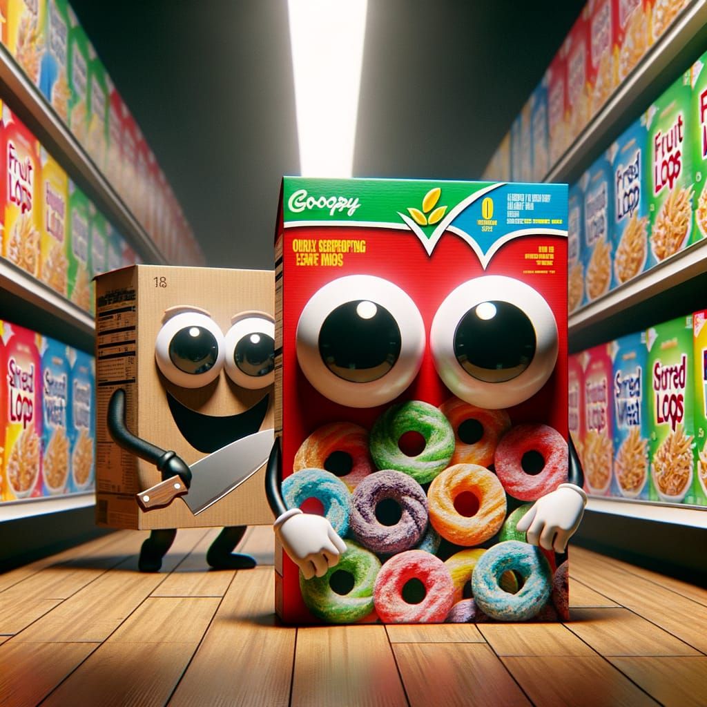 Animated Cereal Box Assassin in Supermarket Aisle