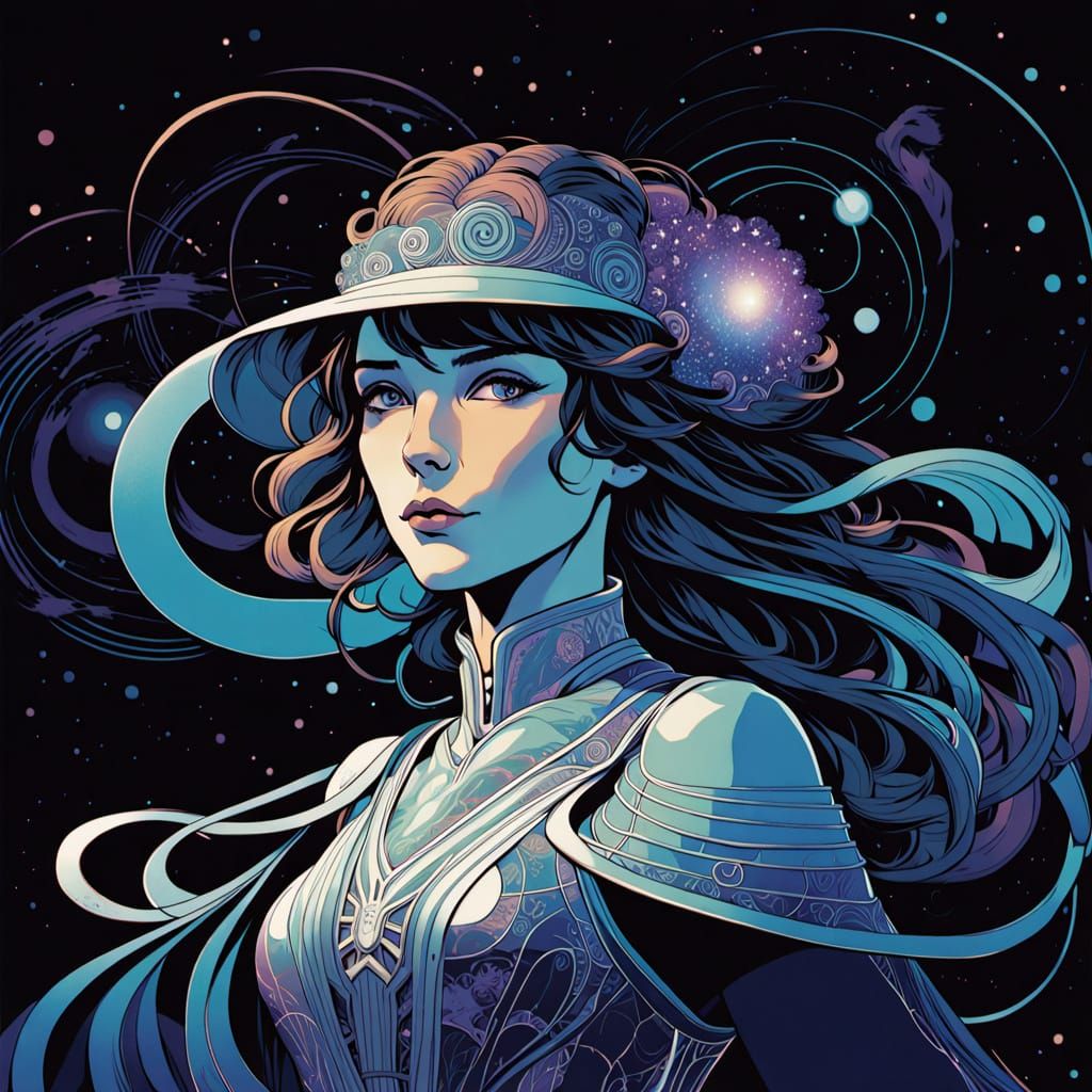 Art Nouveau Figure Made of Shimmering Binary Code