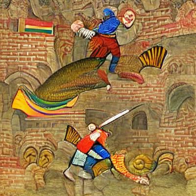 Medieval Peasant's Colorful Fish Battle