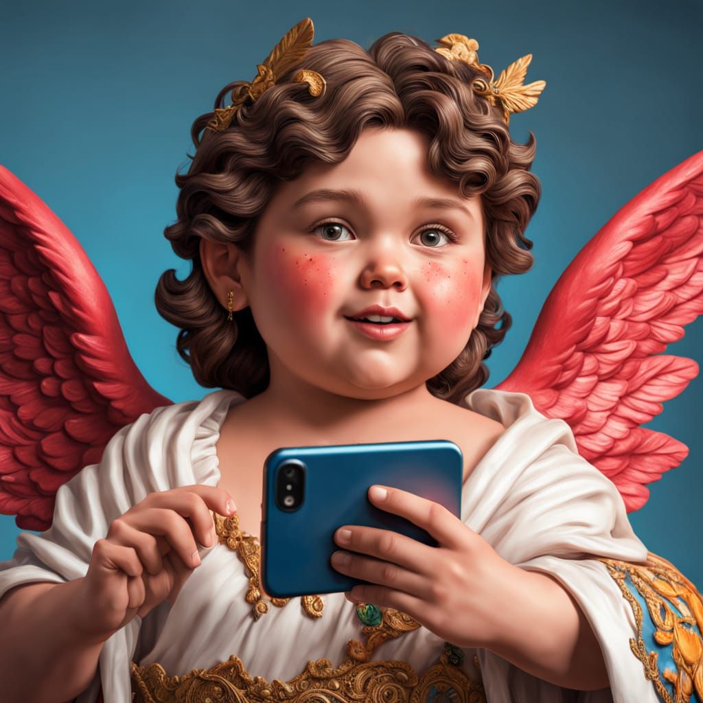 Anthropomorphic Cupid with Cell Phone, Hyperrealistic