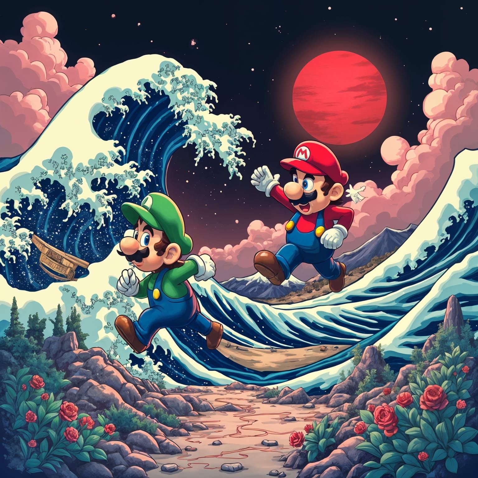 Super Mario Brothers as Hokusai Art