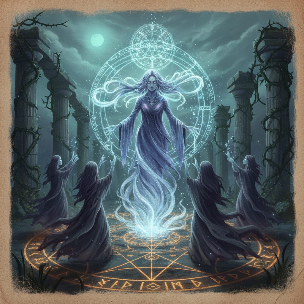Ethereal Witches Weaving Spells Amidst Glowing Runes