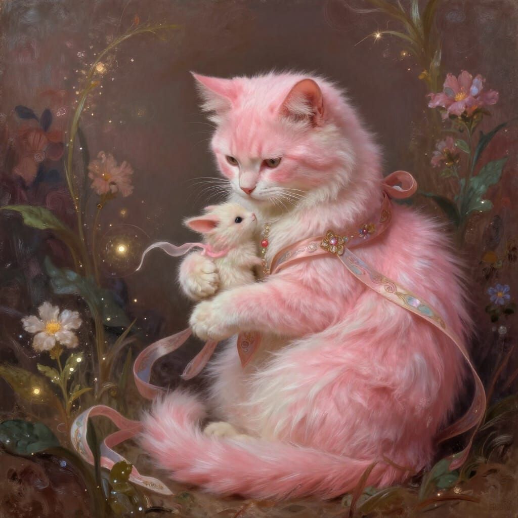 Pink Cat Cradles Magical Creature in Dreamlike Scene