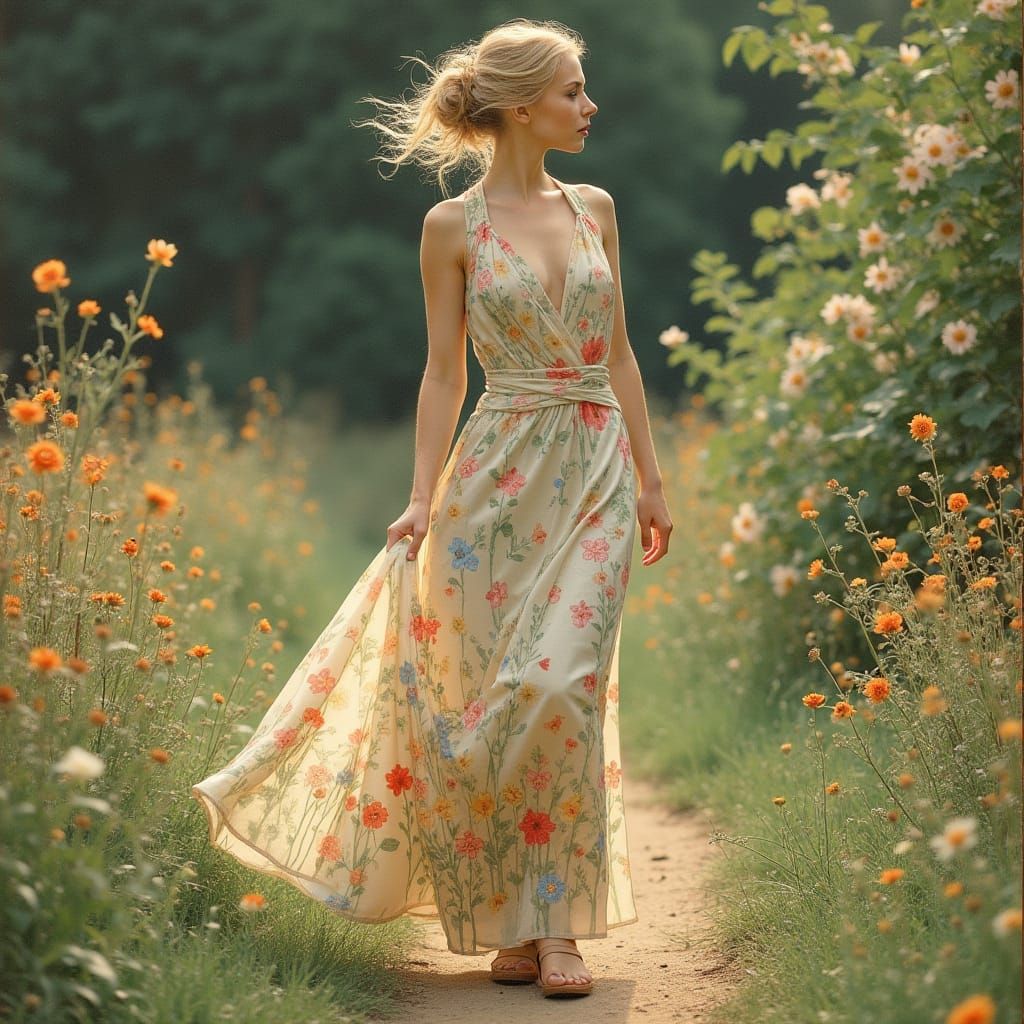 Elegant Woman in Garden Inspired by Mucha and Waterhouse