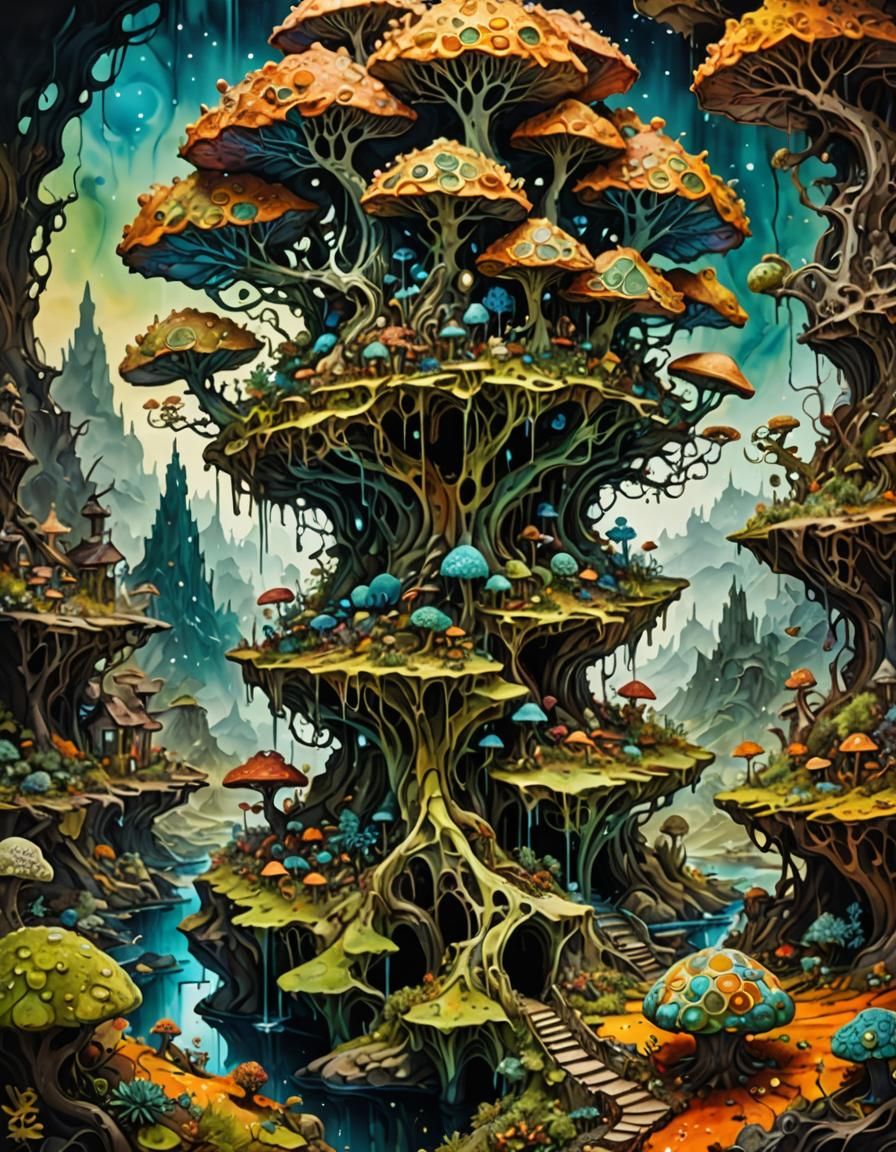 Surreal Alcohol Ink Landscape with Crawling Creatures