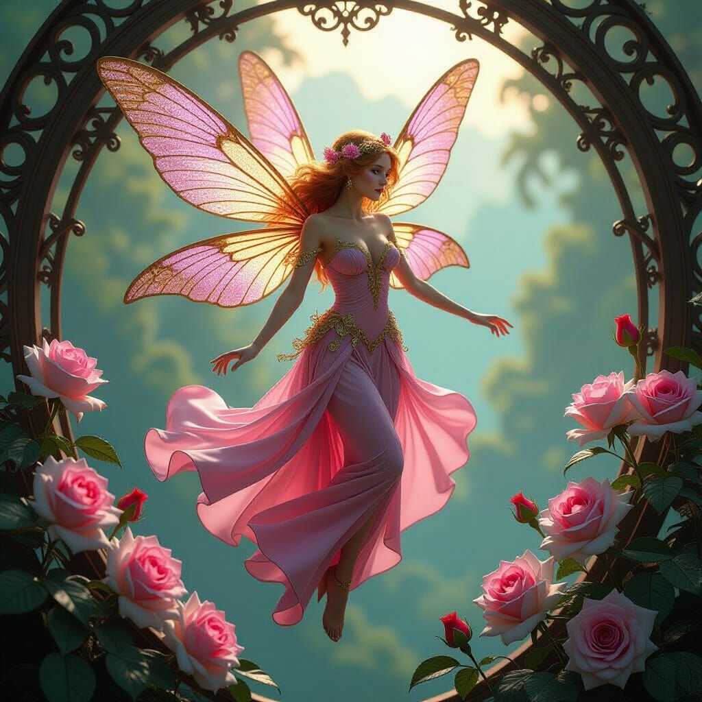 Art Nouveau Faerie with Dragonfly Wings Amidst Roses