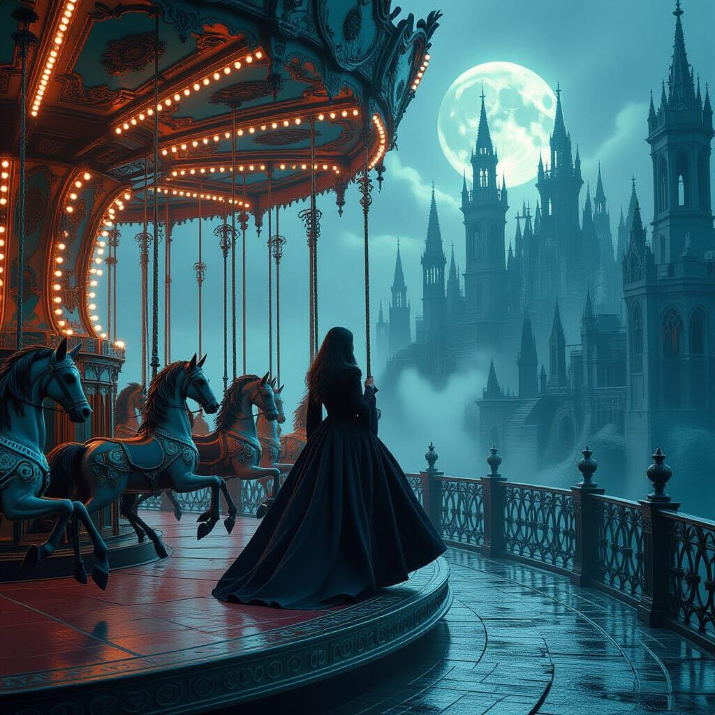 Mystical Carousel Rider in Biomechanical Universe