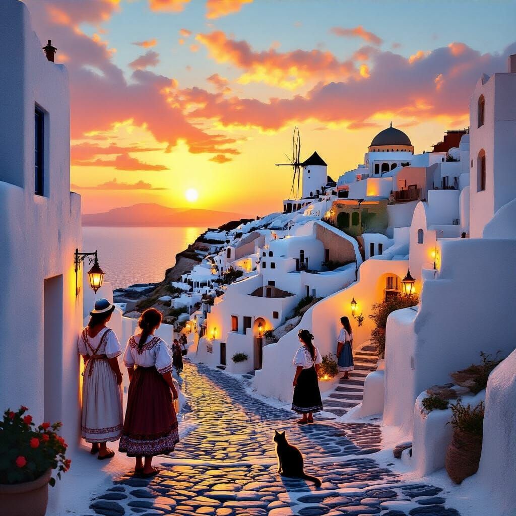Santorini Village Sunset in Dreamy Style