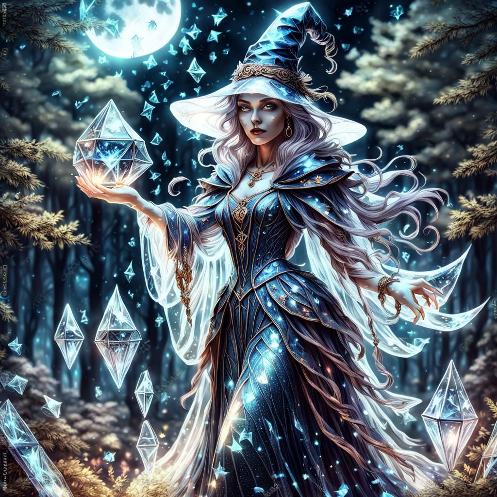 Glass Sorceress Casting Spells in Magical Forest