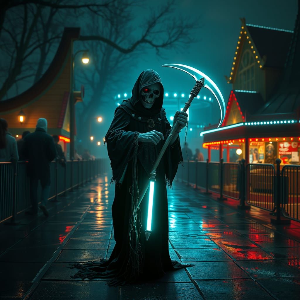 Grim Reaper in Futuristic Amusement Park Scene