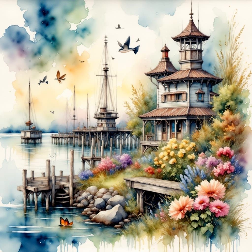Fishing Memories: Antique Watercolor Pier Scene