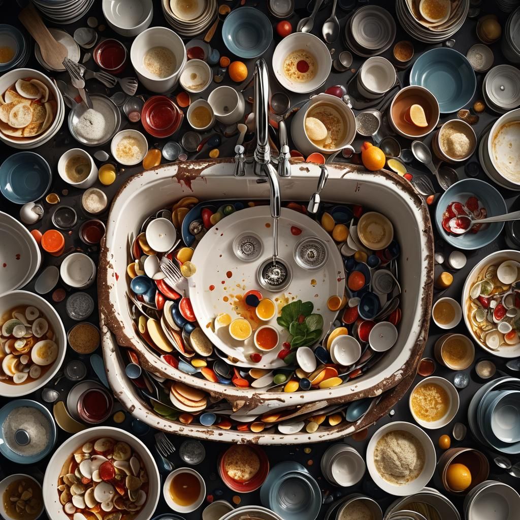Surreal Sink Overflowing with Dirty Dishes