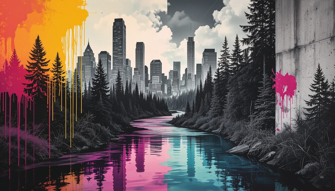 Surreal Collage of Nature and Futuristic City