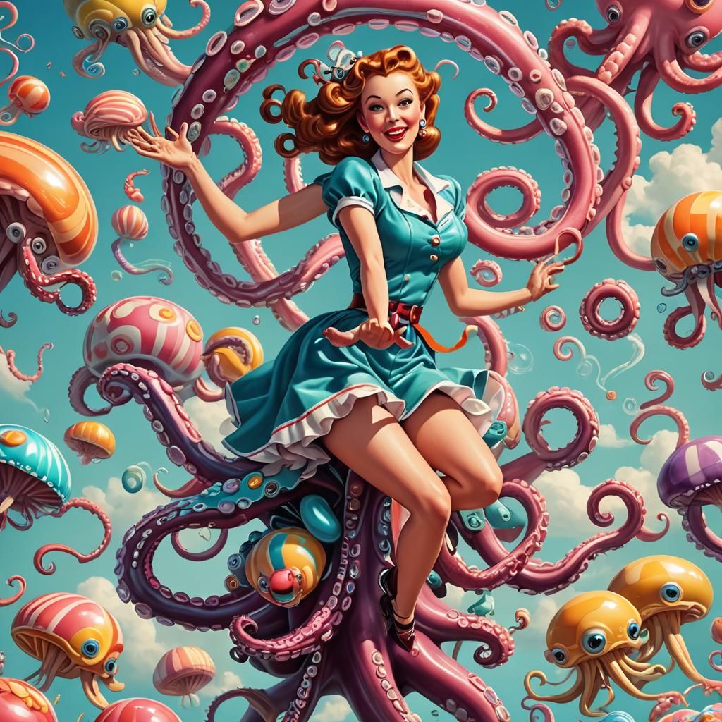 Whimsical 50s Pin-Up Rides Flying Octopus in Candy Art