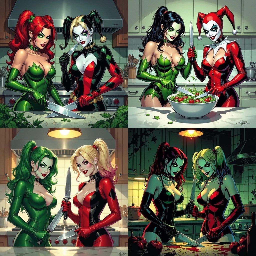 Poison Ivy and Harley Quinn Kitchen Scene with Knives
