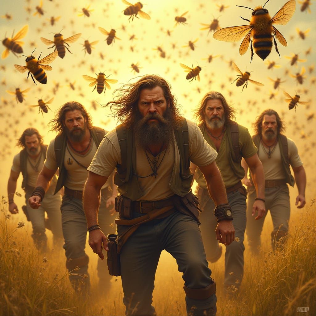 Bees Converge on a Menacing Group of Men in a Vibrant, Sun-D...