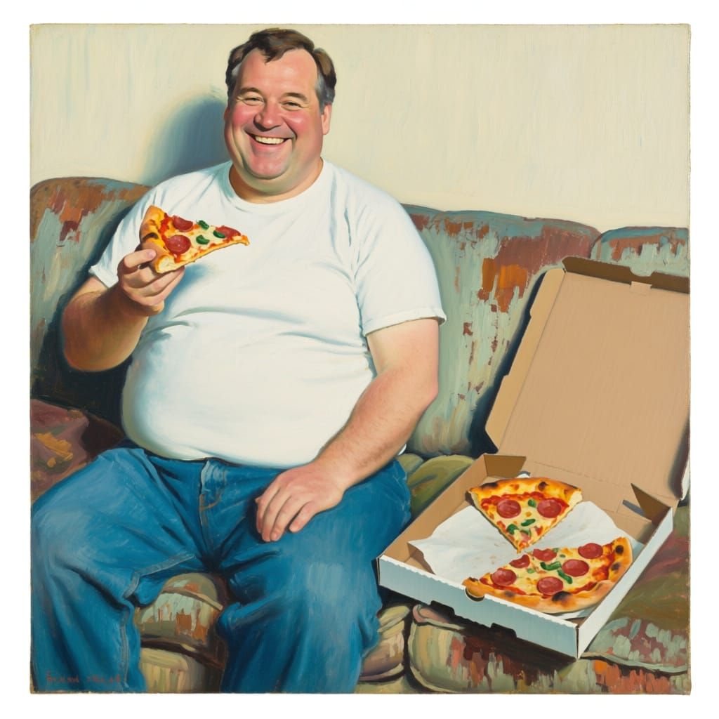 Impressionist Man Enjoys Pizza on Couch