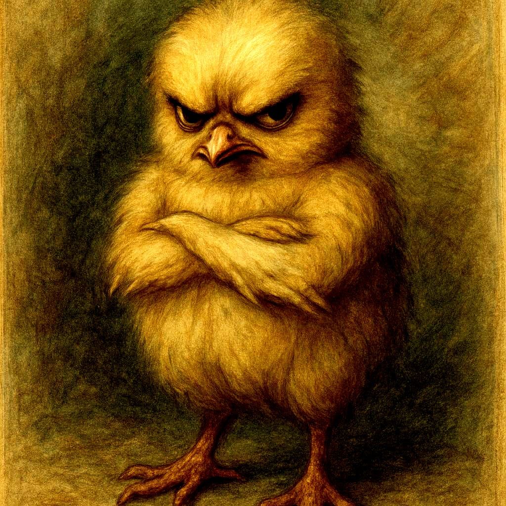 An anthropomorphic young grumpy chick crosses its wings in a...