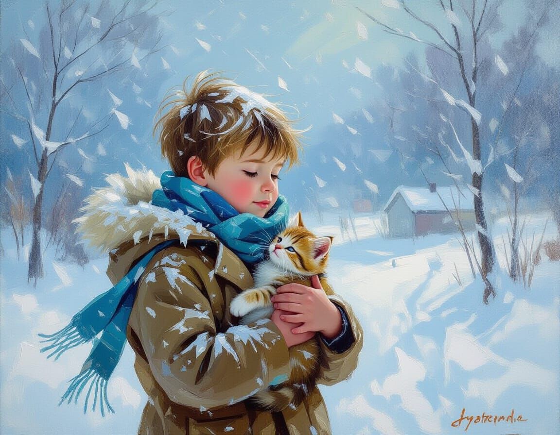 Boy Shelters Kitten in Fierce Snowstorm, Impressionist Style