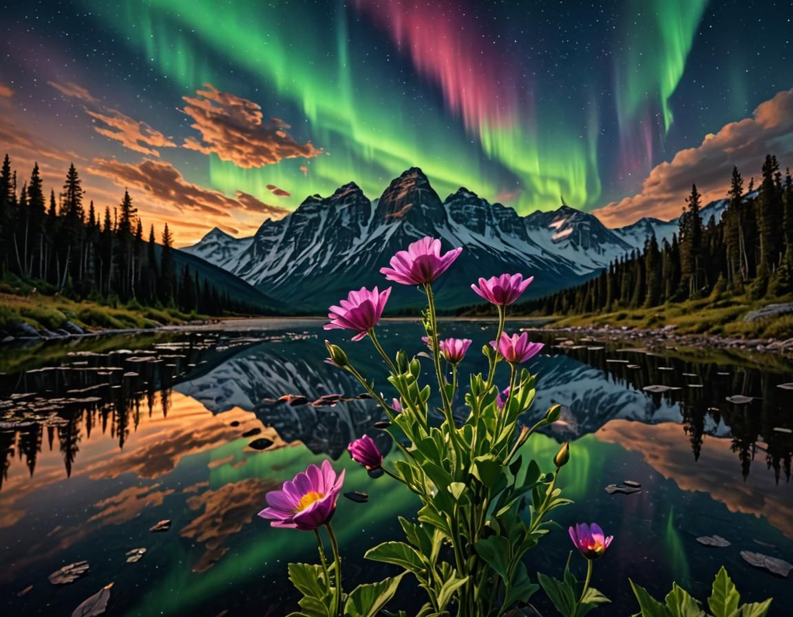 Aurora Borealis Reflected in Flowers