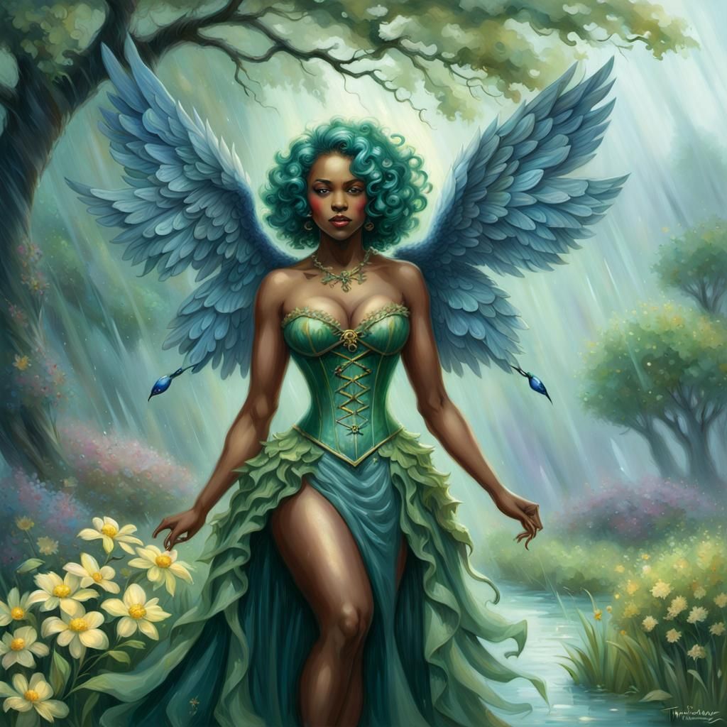 Green Goddess in Rainy Ethereal Landscape