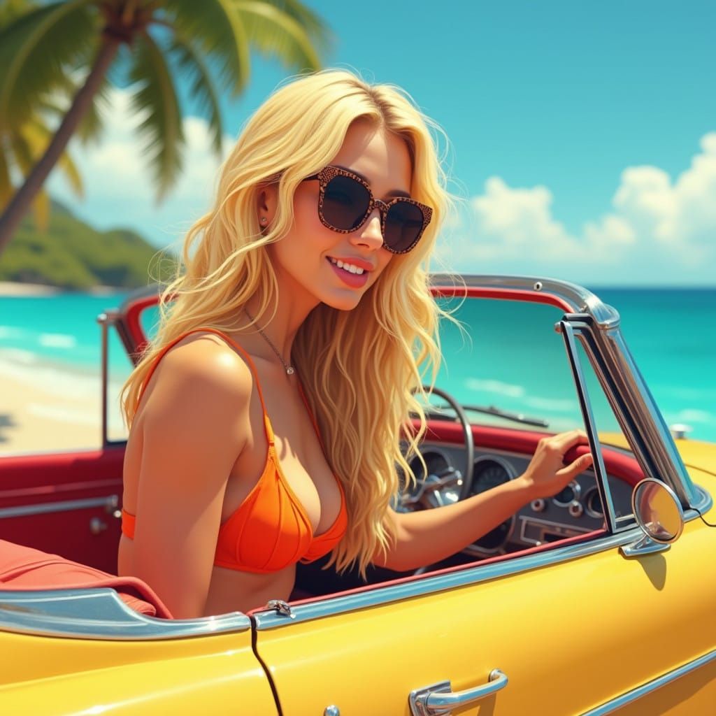 Blonde Woman Drives Convertible Car on Tropical Summer Day