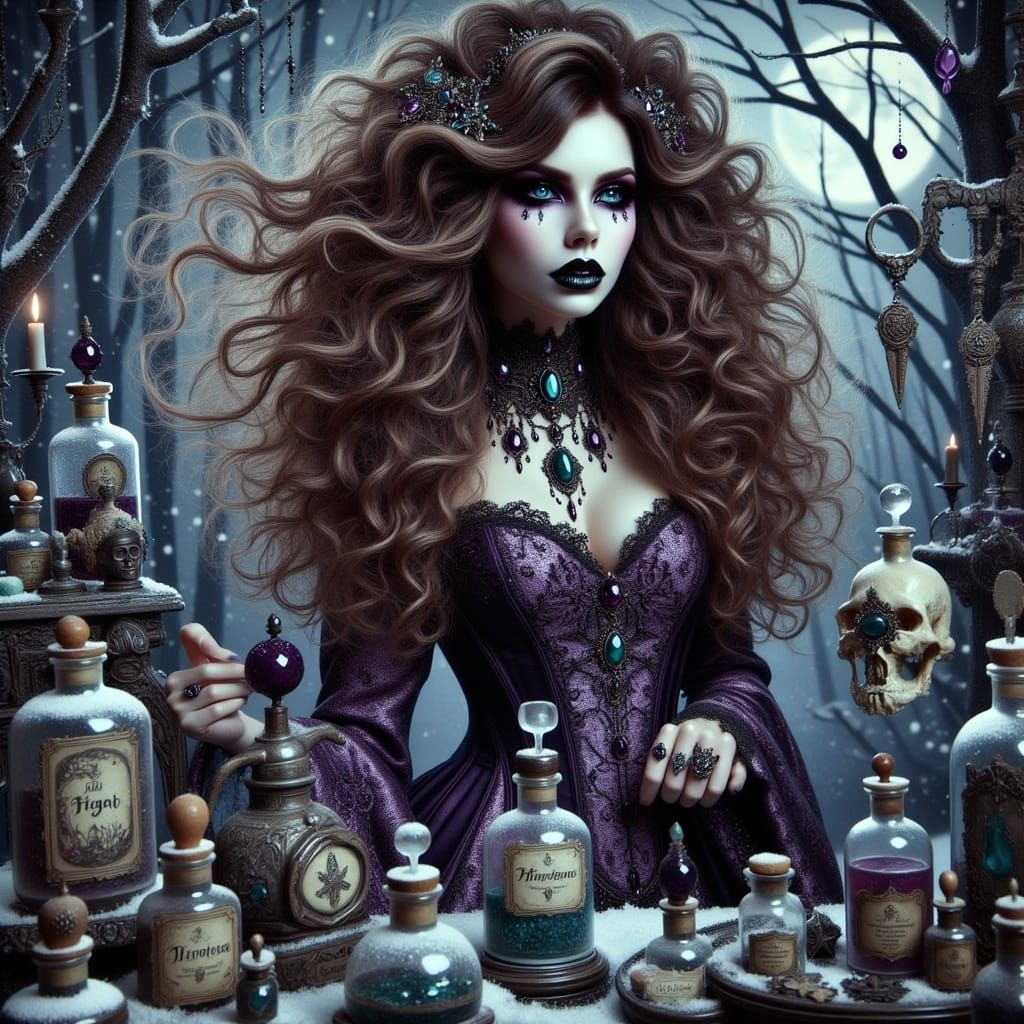 Gothic Alchemist Enshrouded in Snowy Shadows