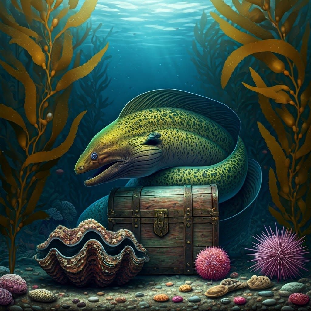 Majestic Green Moray Eel in Kelp Forest Treasure Scene