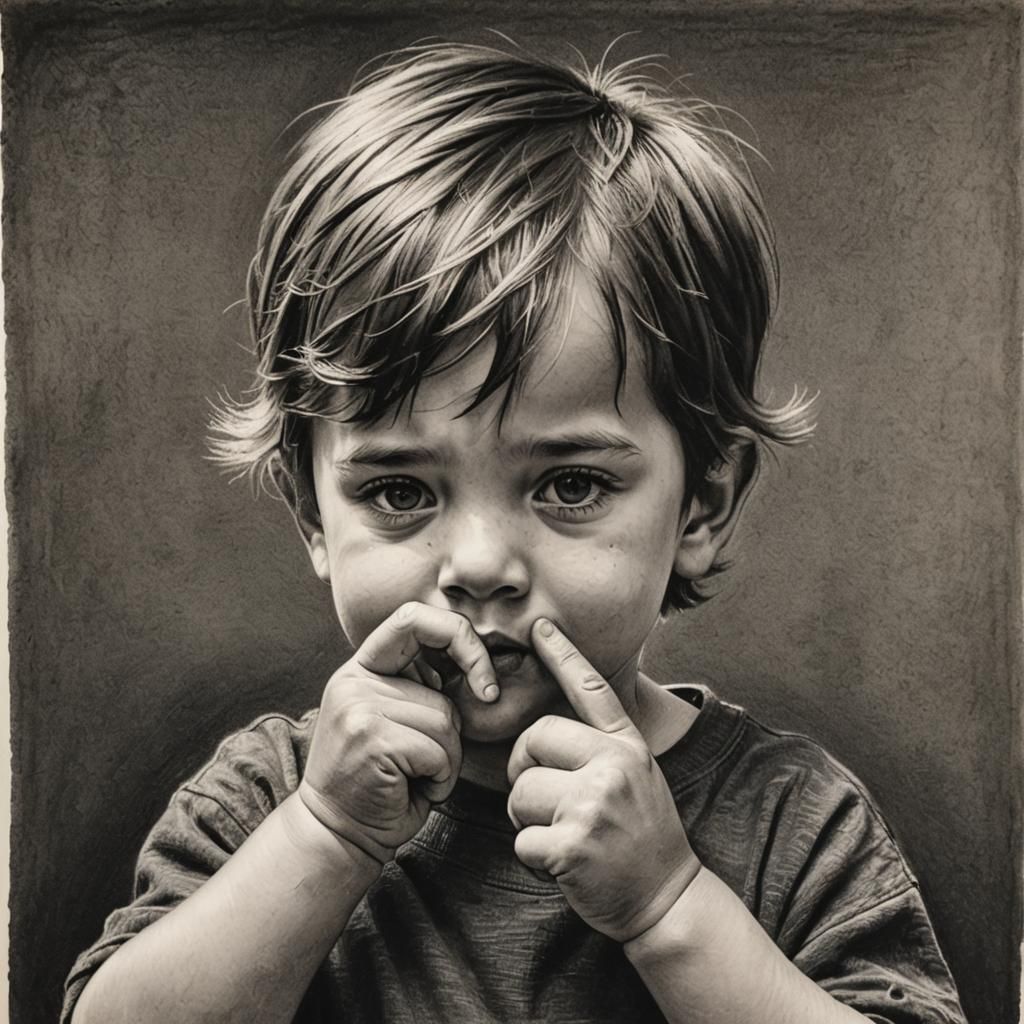 Hyperdetailed Charcoal Drawing of Child Picking Nose