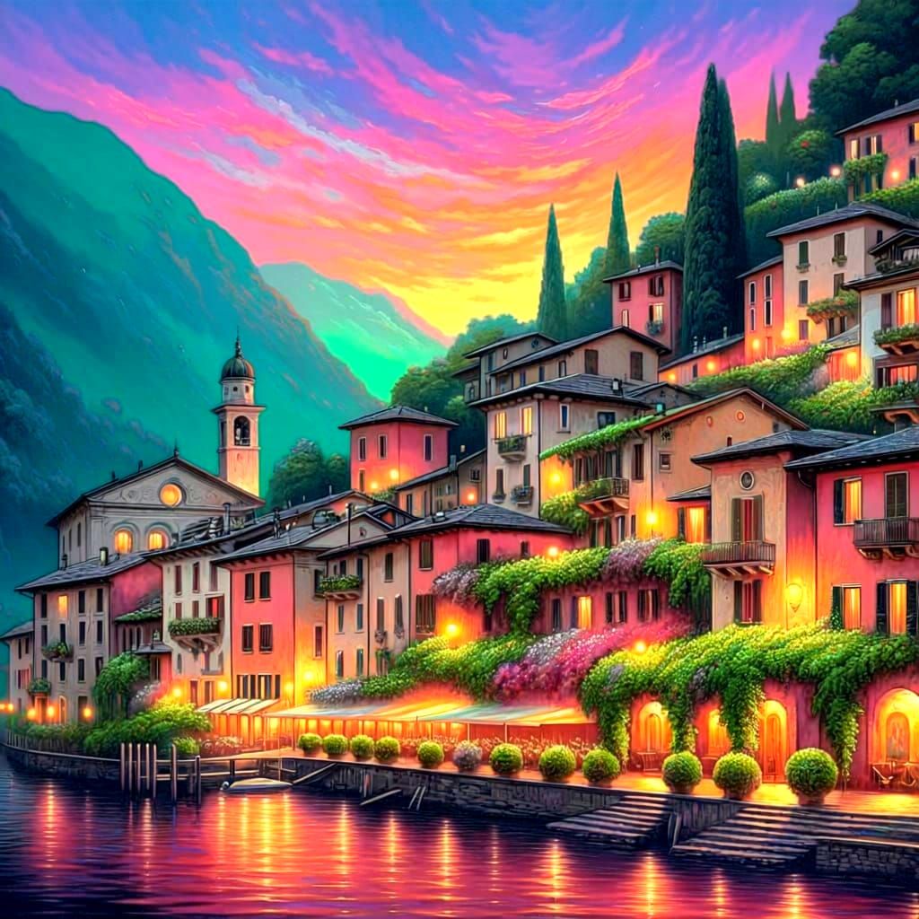 Vibrant Italian Village at Dusk, Street Art Style