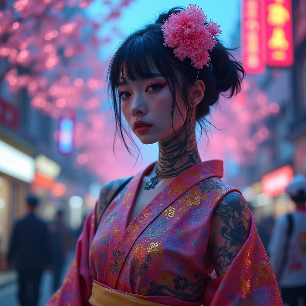 Cyborg Geisha in Futuristic Tokyo Streets