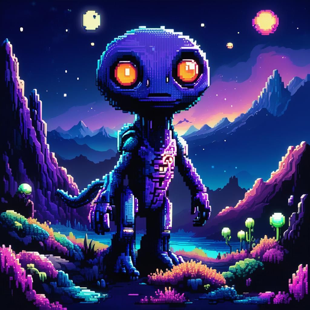 Neon Alien on Purple Planet in Pixel Art