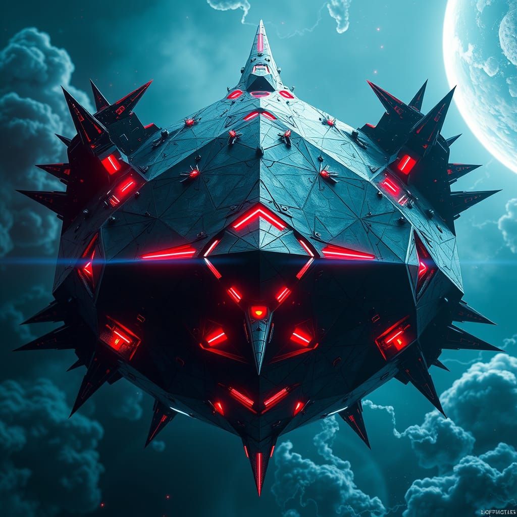 Colossal, Ominous Geometric Spaceship Destroyer in Cyberpunk...