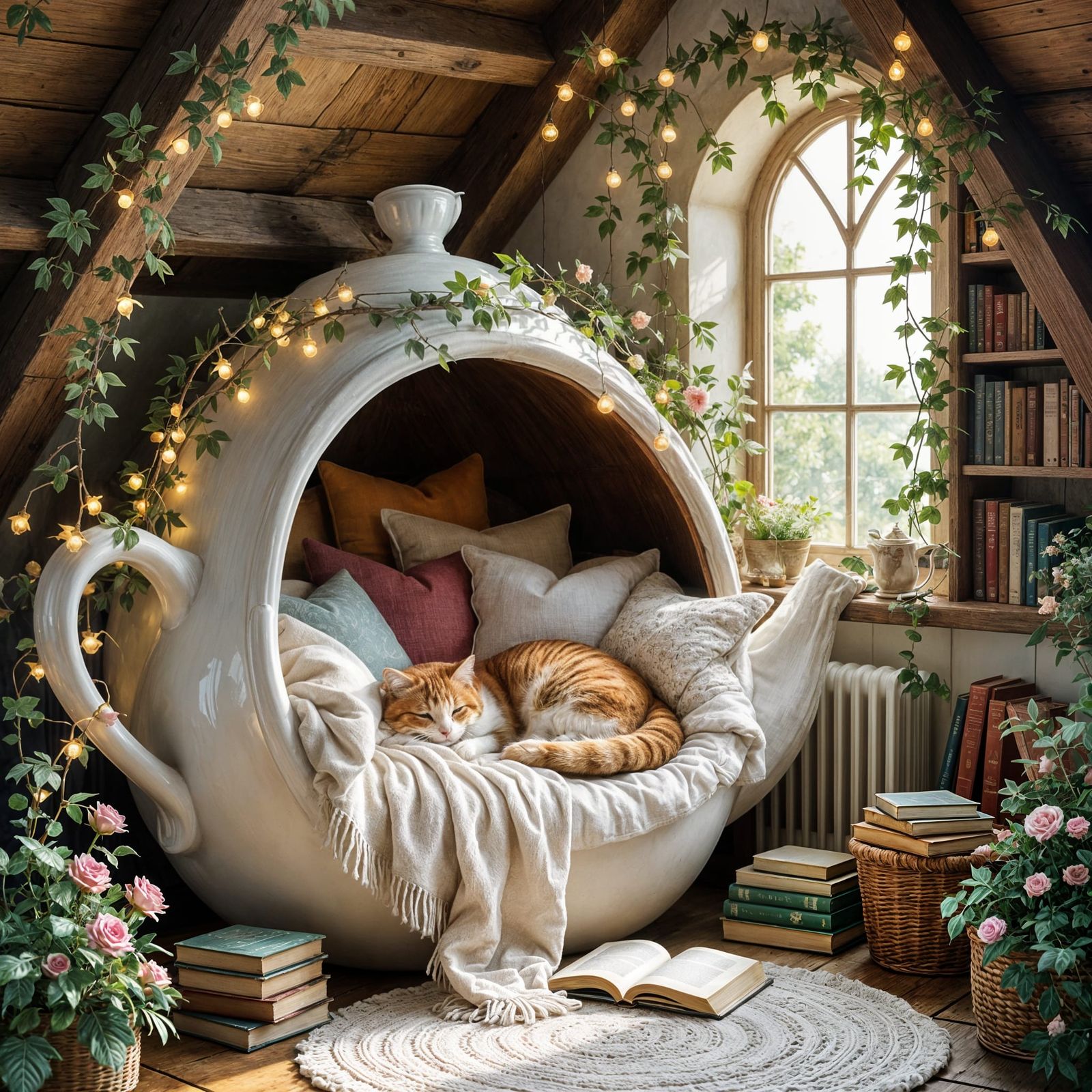 Cozy Teapot Reading Nook: Whimsical Fantasy Art