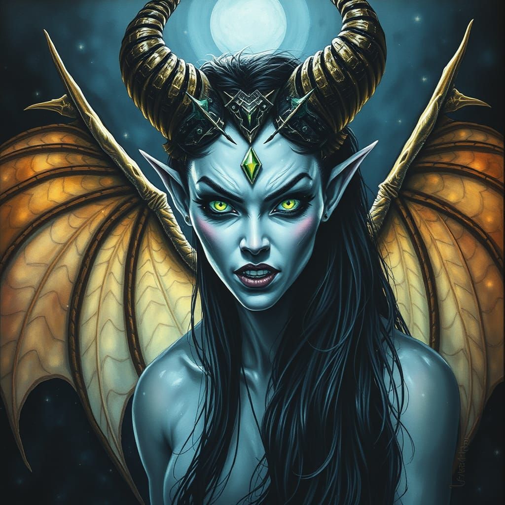 Ethereal Demon Queen with Wings and Horns in Hyperdetailed I...